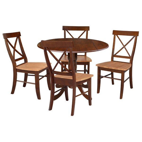 International Concepts 42 in Dual Drop Leaf Dining Table with 4 Cross Back Dining Chairs - 5 Piece Dining Set - K581-42DP-C58-613-4