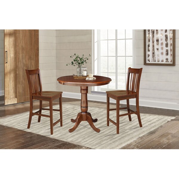 International Concepts Round 36 in Rd Top Ped Ext Table, 12 in Leaf And 2 San Remo RTA Stools, Espresso, 36 in W, 48 in L - K581-36RXT-6B-S102-2