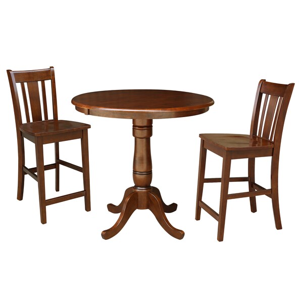 International Concepts Round 36 in Rd Top Ped Ext Table, 12 in Leaf And 2 San Remo RTA Stools, Espresso, 36 in W, 48 in L - K581-36RXT-6B-S102-2