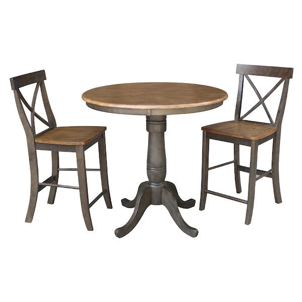 International Concepts Round 36 in Rd Ped Gathering Ht Table, 2 X-Back Counter Ht Stools, Hickory/Coal, 36 in W, 36 in L - K45-36RT-6B-S6132-2