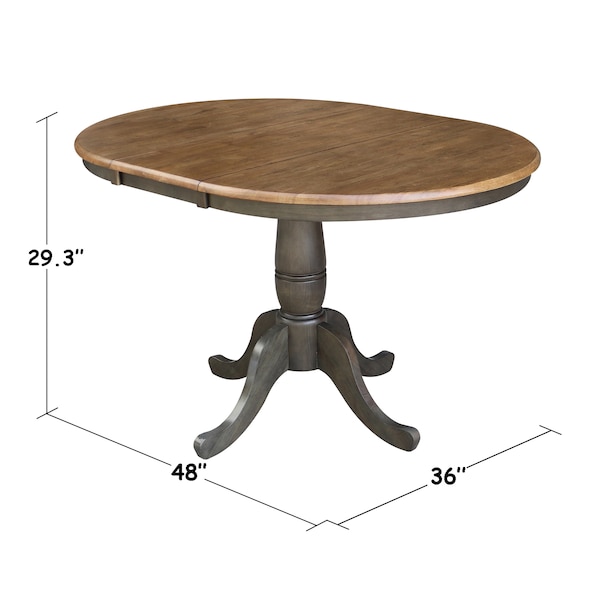 International Concepts Round 36 in Rd top ped table, 12 in leaf, 29.3 inh, dining Height, Hickory/Washed Coal, 36 in W, Wood - K45-36RXT