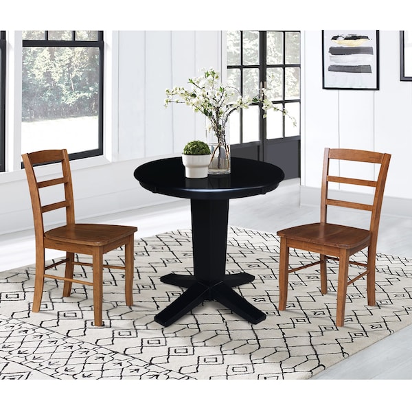International Concepts 30 in. Solid Wood Round Top Dining Table with 2 Chairs in Black/Distressed Oak - K46-30RT-23B-C42-2-2