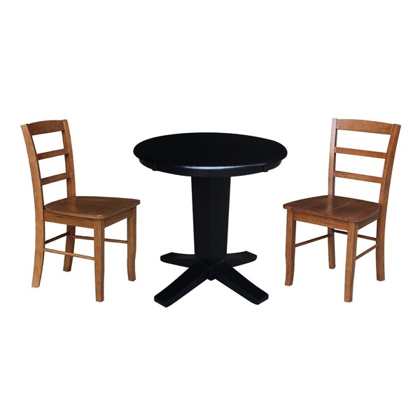 International Concepts 30 in. Solid Wood Round Top Dining Table with 2 Chairs in Black/Distressed Oak - K46-30RT-23B-C42-2-2