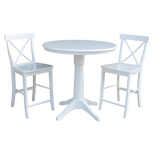 International Concepts Round 36 in Rd Pedestal Gathering Ht Table, 2 X-Back Counter Ht Stools, White, 36 in W, 36 in L, Wood - K08-36RT-27B-S6132