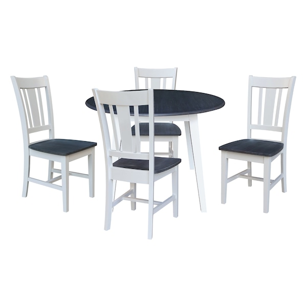 International Concepts 42 in. Solid Wood Round Dual Drop Leaf Dining Table with 4 Chairs in White/Heather Gray - K05-42DL-C10-4