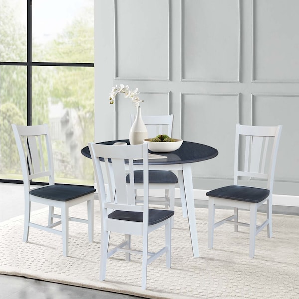 International Concepts 42 in. Solid Wood Round Dual Drop Leaf Dining Table with 4 Chairs in White/Heather Gray - K05-42DL-C10-4