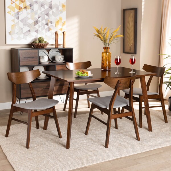Baxton Studio Lois Light Grey Upholstered and Walnut Wood 5-Piece Dining Set - 167-10812-10807