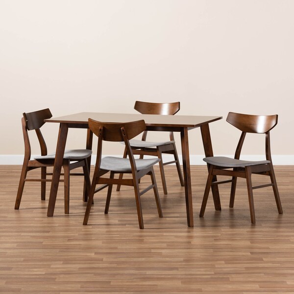 Baxton Studio Lois Light Grey Upholstered and Walnut Wood 5-Piece Dining Set - 167-10812-10807