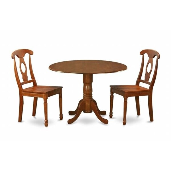 East West Furniture East West Furniture DLNA3-SBR-W 3PC Kitchen Round Table with 2 Drop Leaves and 2 Chairs with Wood Seat - DLNA3-SBR-W