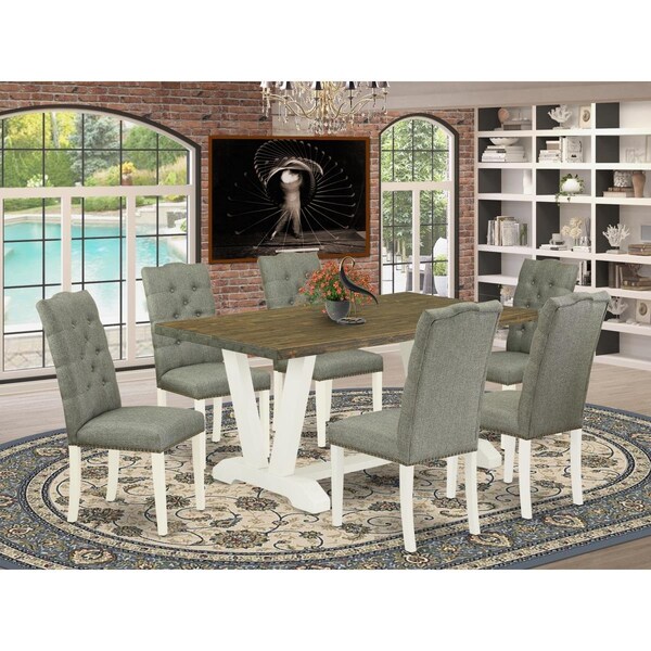 East West Furniture 7 Piece V-Style Dining Table Set - Linen White - V076EL207-7