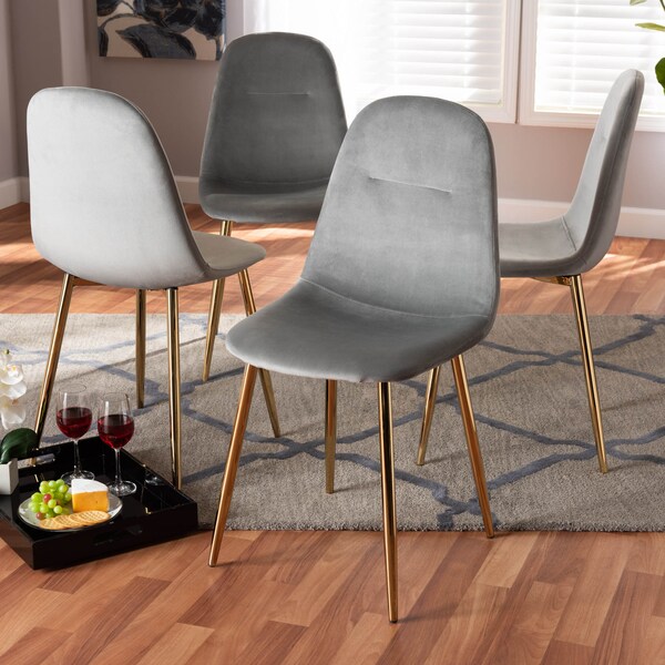 Baxton Studio Elyse Grey Velvet Gold Finished 4-Piece Metal Dining Chair Set - 160-9911