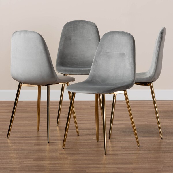 Baxton Studio Elyse Grey Velvet Gold Finished 4-Piece Metal Dining Chair Set - 160-9911
