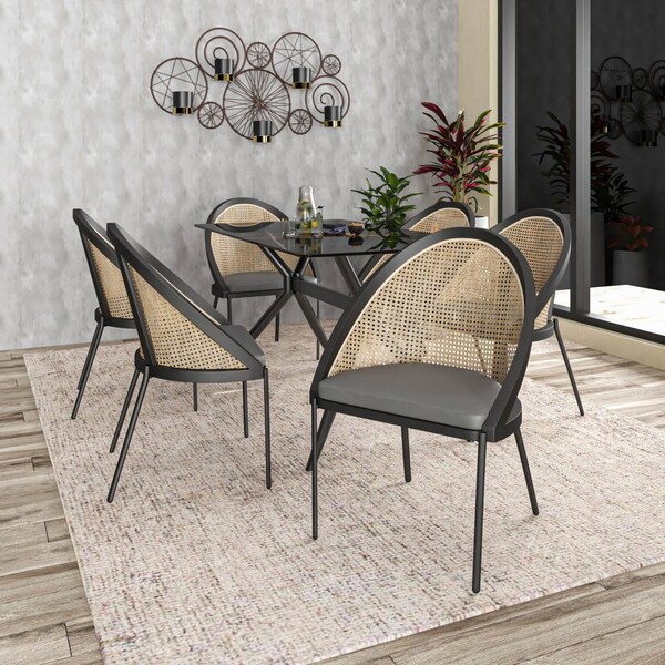 Leisuremod Urbane Collection Modern Dining Chair With Wicker back in Charcoal, 4PK - UC21WCH4