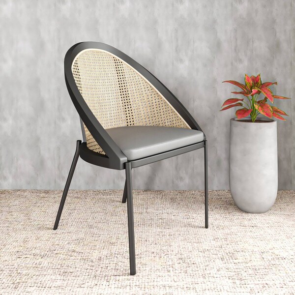 Leisuremod Urbane Collection Modern Dining Chair With Wicker back in Charcoal, 4PK - UC21WCH4