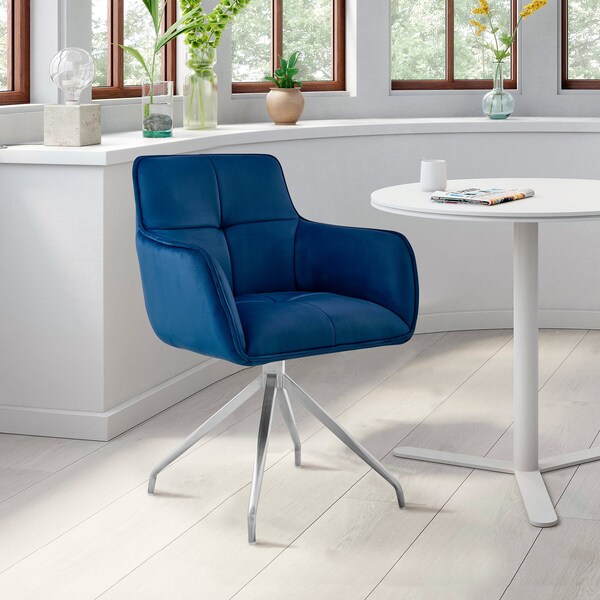 Armen Living Noah Dining Room Accent Chair in Blue Velvet and Brushed Stainless Steel Finish - LCNHCHBLU