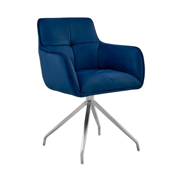 Armen Living Noah Dining Room Accent Chair in Blue Velvet and Brushed Stainless Steel Finish - LCNHCHBLU