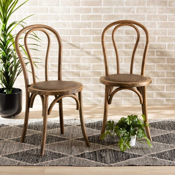 Baxton Studio Dacian Mid-Century Brown Woven Rattan and Walnut Brown Wood Dining Chair Set(2PC) PR - 195-2PC-12392-ZORO