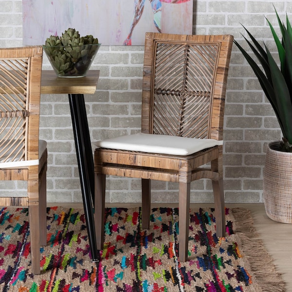 Baxton Studio Laluna Modern Bohemian Greywashed Natural Rattan and Mahogany Dining Chair with Cushion - 214-12802-ZORO