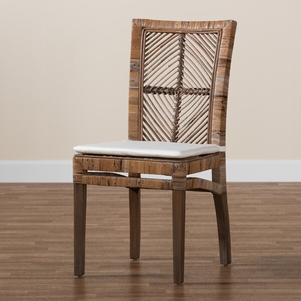 Baxton Studio Laluna Modern Bohemian Greywashed Natural Rattan and Mahogany Dining Chair with Cushion - 214-12802-ZORO