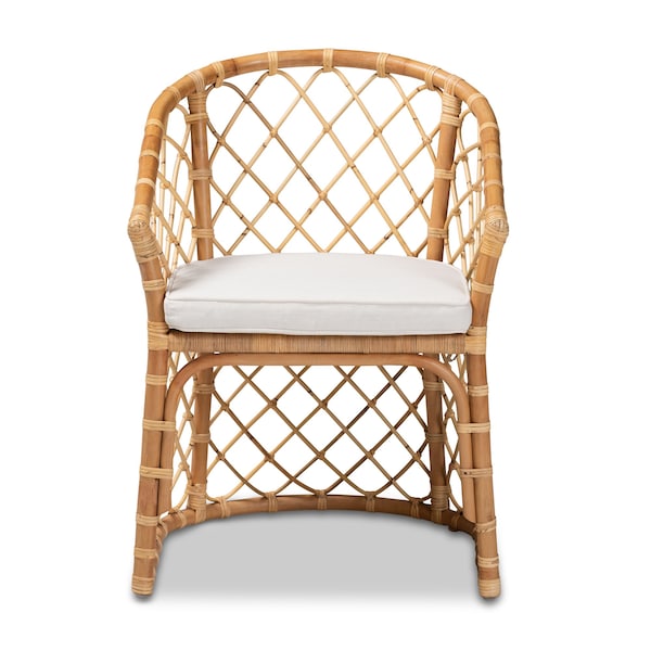 Baxton Studio Orchard Modern Bohemian White Fabric Upholstered and Natural Brown Rattan Dining Chair - 203-12586