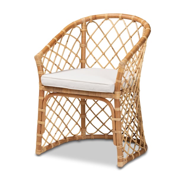 Baxton Studio Orchard Modern Bohemian White Fabric Upholstered and Natural Brown Rattan Dining Chair - 203-12586