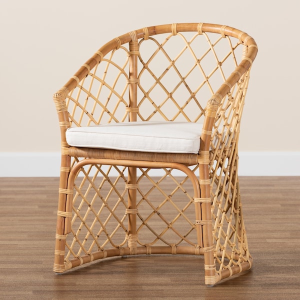 Baxton Studio Orchard Modern Bohemian White Fabric Upholstered and Natural Brown Rattan Dining Chair - 203-12586
