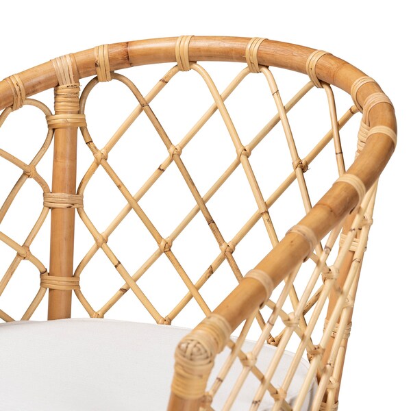 Baxton Studio Orchard Modern Bohemian White Fabric Upholstered and Natural Brown Rattan Dining Chair - 203-12586