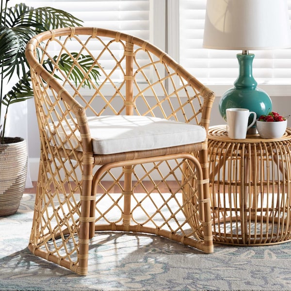 Baxton Studio Orchard Modern Bohemian White Fabric Upholstered and Natural Brown Rattan Dining Chair - 203-12586