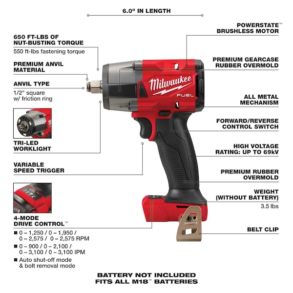 Milwaukee Tool Reciprocating Saw and Battery, 18 V, Stroke Length 1 1/4 in, 5 Ah Battery Included - 2962-20, 48-11-1850