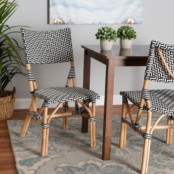 Baxton Studio Wagner Modern French Black and White Weaving and Natural Rattan Bistro Chair - 225-13111-ZORO