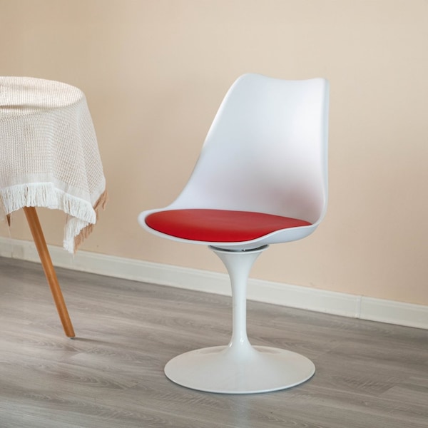 Fabulaxe Mid-Century Modern White Tulip Side Chair with Red Cushioned Seat - Stylish and - QI004628.RD.2