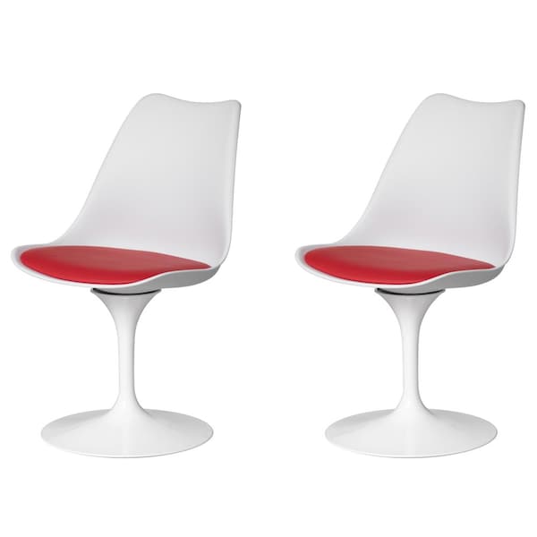 Fabulaxe Mid-Century Modern White Tulip Side Chair with Red Cushioned Seat - Stylish and - QI004628.RD.2