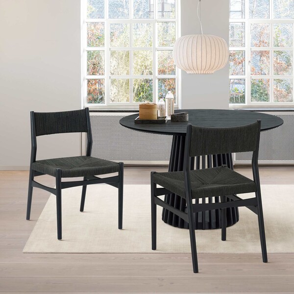 Armen Living Erie Black Woven Paper Cord and Wood Dining Chairs - Set of 2 - LCERSIBLK