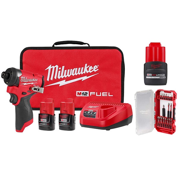 Milwaukee Tool Impact Driver Kit, 12 V, 100 dB, 2.0 lb, Includes Batteries & Charger - 3453-22, 48-11-2425, 48-32-4403