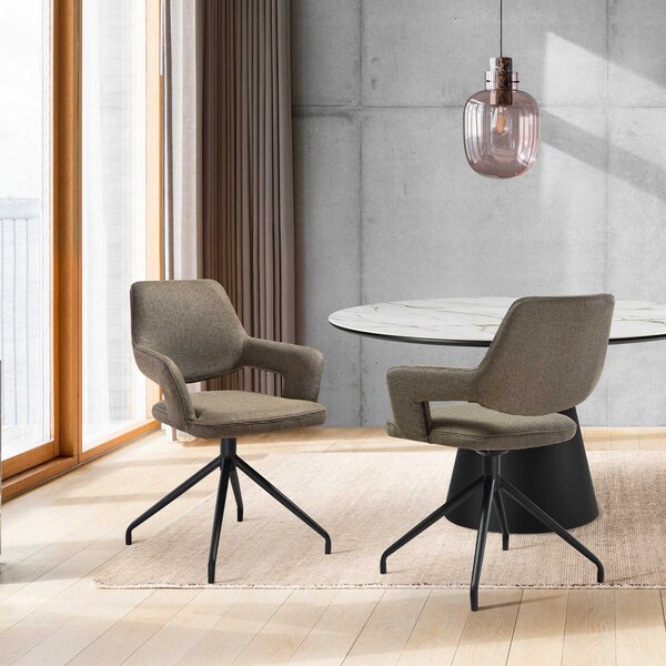 Armen Living Penny Swivel Upholstered Dining Chair in Brown Fabric with Black Metal Legs - Set of 2 - LCPESICOBLK