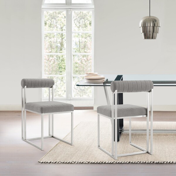 Armen Living Anastasia Dining Chair with Brushed Stainless Steel and Light Gray Fabric - Set of 2 - LCANSIBSLGRY