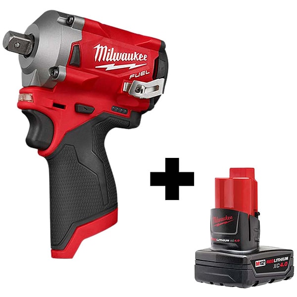 Milwaukee Tool Cordless Impact Wrench, 1/2 in Square, 12V DC, Includes Battery (4.0 Ah) - 2565P-20, 48-11-2440