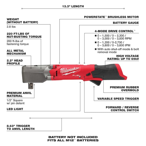 Milwaukee Tool Cordless Impact Wrench, 1/2 in Square, 12V DC, Includes Battery (4.0 Ah) - 2565P-20, 48-11-2440