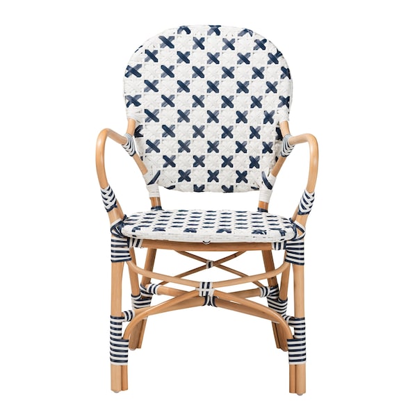 Baxton Studio Bryson Modern French Blue and White Weaving and Natural Rattan Bistro Chair - 225-13113-ZORO