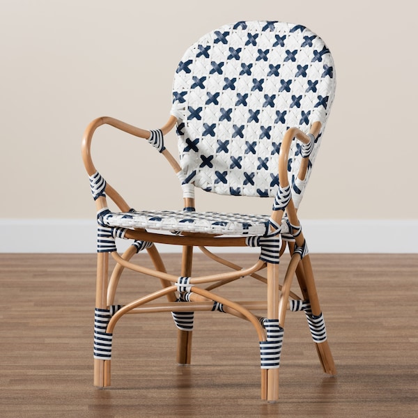 Baxton Studio Bryson Modern French Blue and White Weaving and Natural Rattan Bistro Chair - 225-13113-ZORO