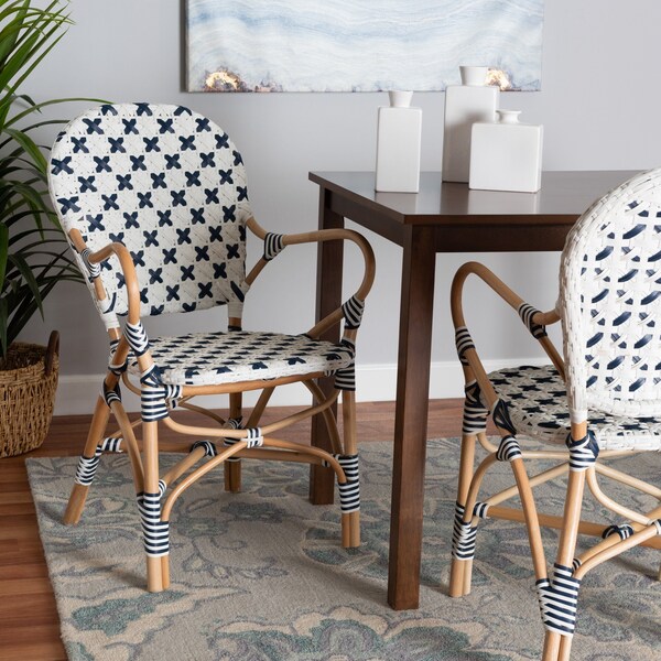 Baxton Studio Bryson Modern French Blue and White Weaving and Natural Rattan Bistro Chair - 225-13113-ZORO