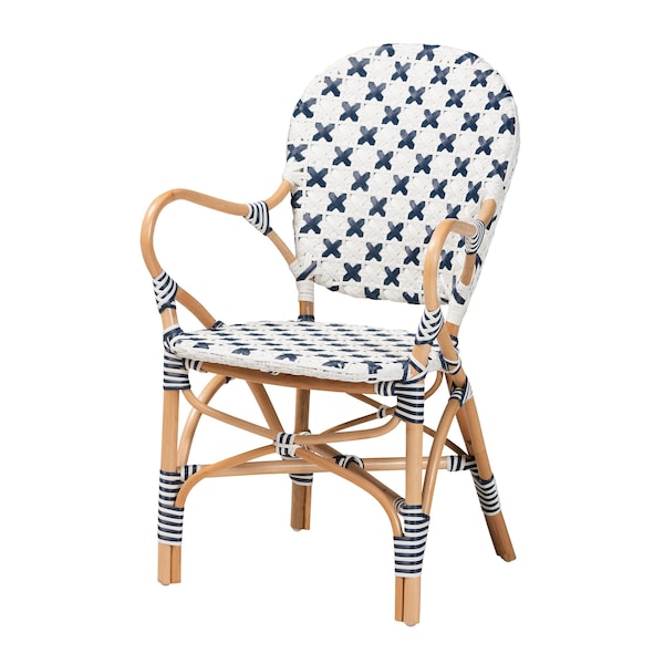Baxton Studio Bryson Modern French Blue and White Weaving and Natural Rattan Bistro Chair - 225-13113-ZORO