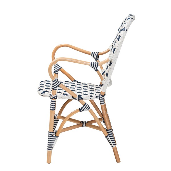 Baxton Studio Bryson Modern French Blue and White Weaving and Natural Rattan Bistro Chair - 225-13113-ZORO