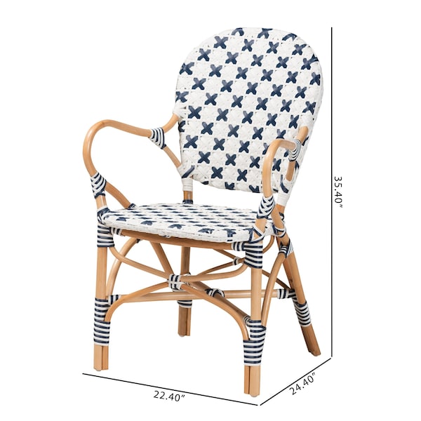 Baxton Studio Bryson Modern French Blue and White Weaving and Natural Rattan Bistro Chair - 225-13113-ZORO