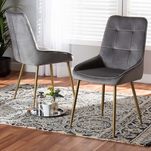 Baxton Studio Gavino Modern Luxe and Glam Grey Velvet  Upholstered and Gold Metal 2-Piece Dining Chair Set, PR - SET OF 2 190-11790-ZORO