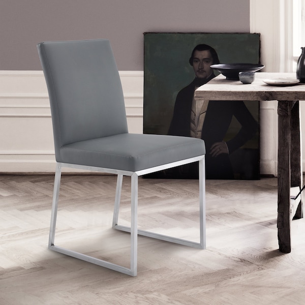 Armen Living Trevor Contemporary Dining Chair in Brushed Stainless Steel and Gray Faux Leather - Set of 2 - LCTRCHBSGR