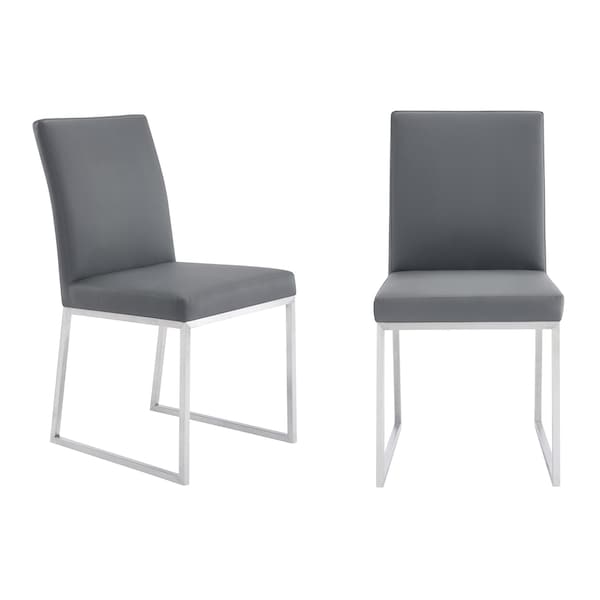 Armen Living Trevor Contemporary Dining Chair in Brushed Stainless Steel and Gray Faux Leather - Set of 2 - LCTRCHBSGR