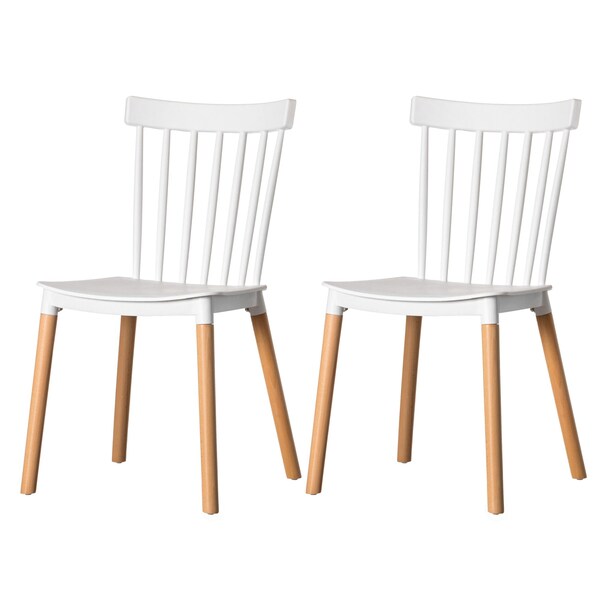 Fabulaxe Modern Plastic Dining Chair Windsor Design with Beech Wood Legs, White, PK 2 - QI004223.WT.2
