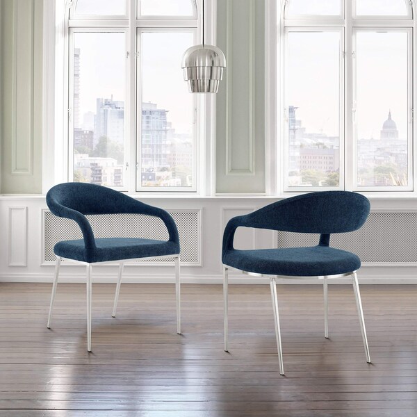 Armen Living Morgan Upholstered Dining Chair with Brushed Stainless Steel and Blue Fabric - Set of 2 - LCMOSIBSBLU