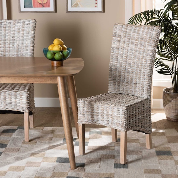 Baxton Studio Trianna Rustic Transitional Whitewashed Rattan and Natural Brown Finished Wood Dining Chair - 207-12843